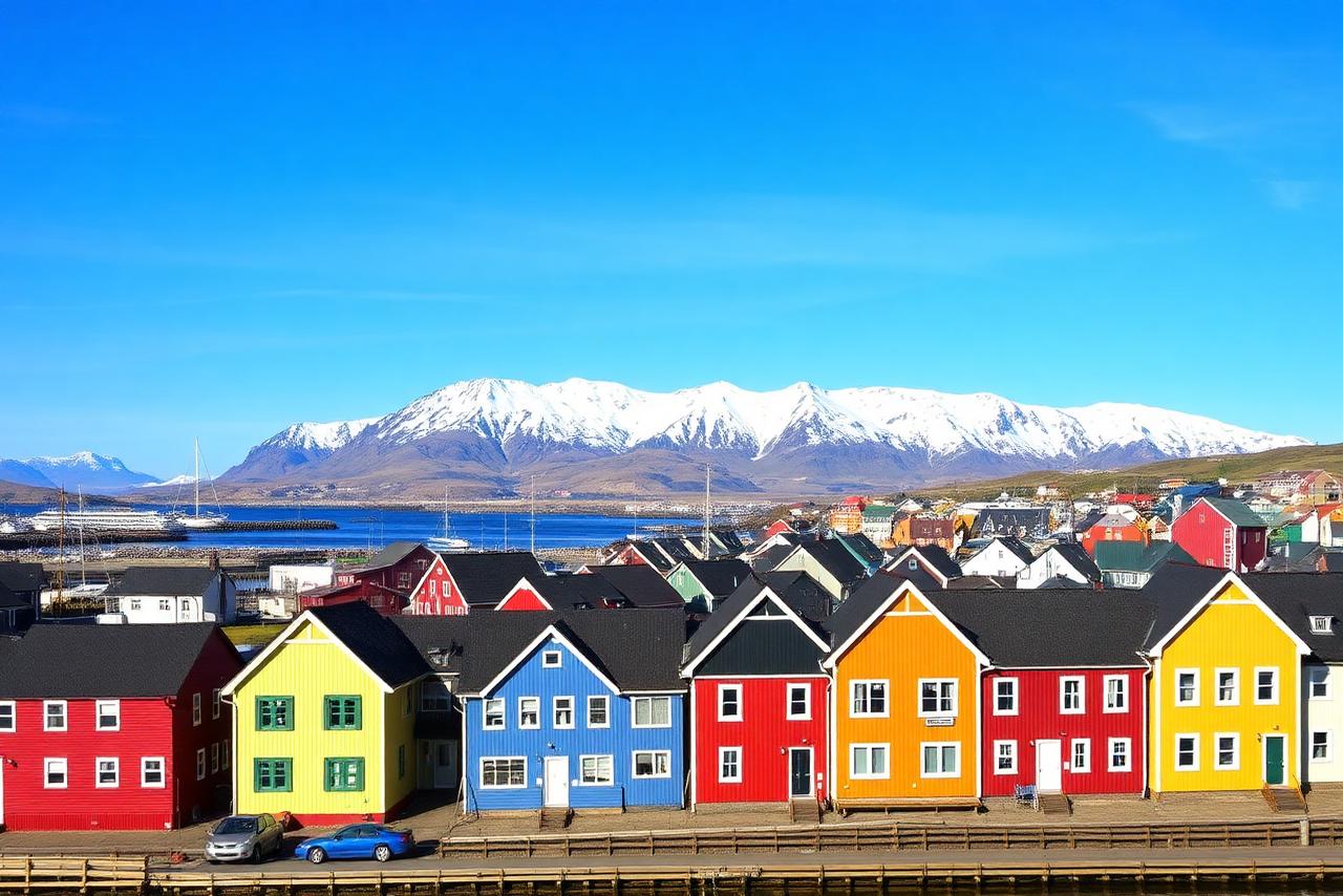 Colorful houses in Reykjavík with harbor and snowy mountains behind