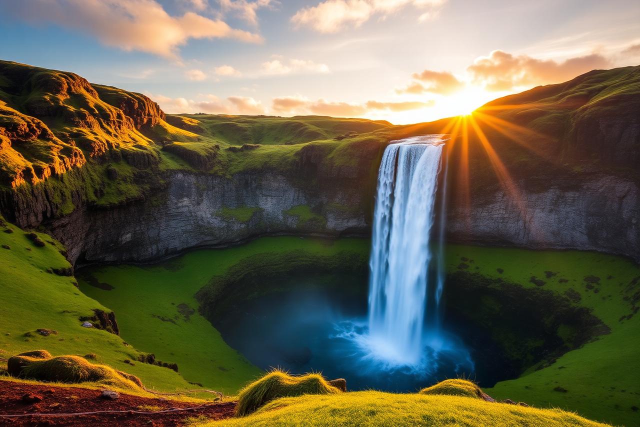 Icelandic waterfall tumbling over mossy green cliffs at golden hour