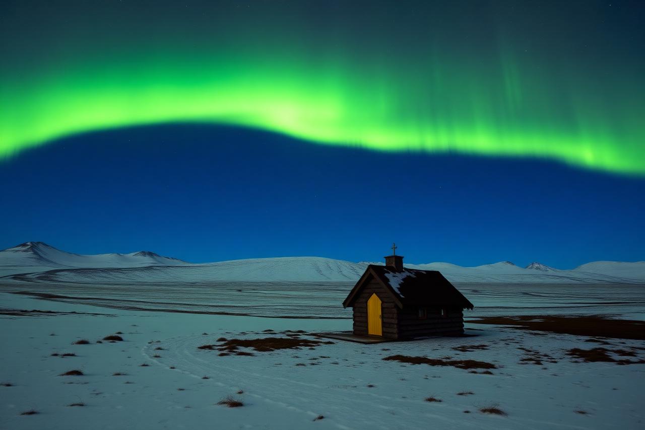 Green northern lights over a snowy Icelandic landscape with a turf church
